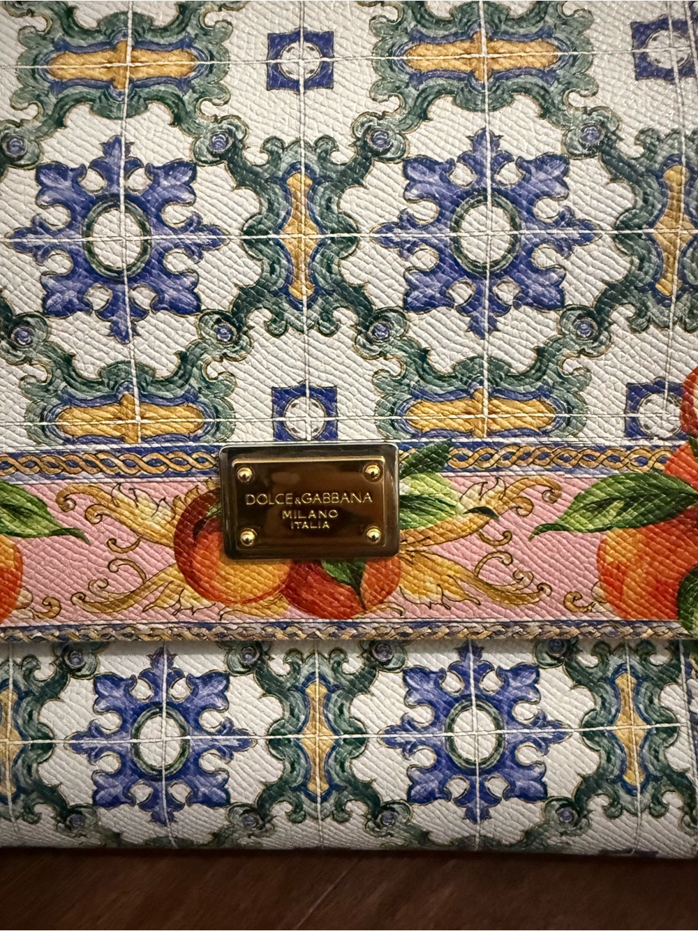 Dolce & Gabbana White Tile-Print Crossbody with Peach Motif and Gold Plaque